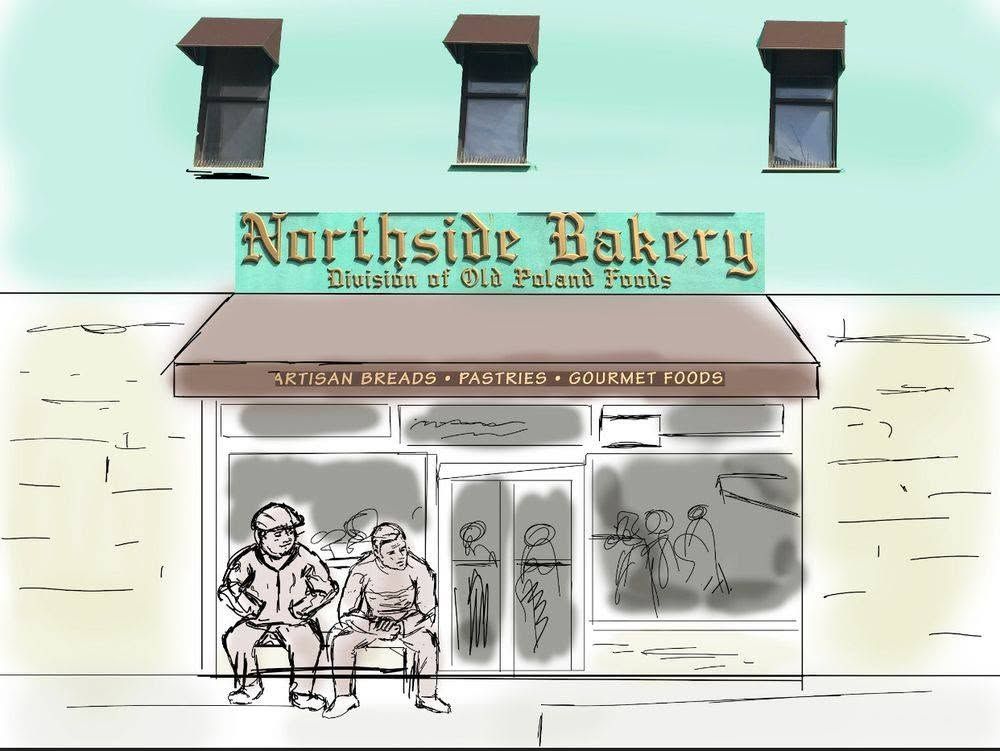 Drawing of the Northside Bakery storefront on North 8th Street, two neighbors sitting on the stoop out front